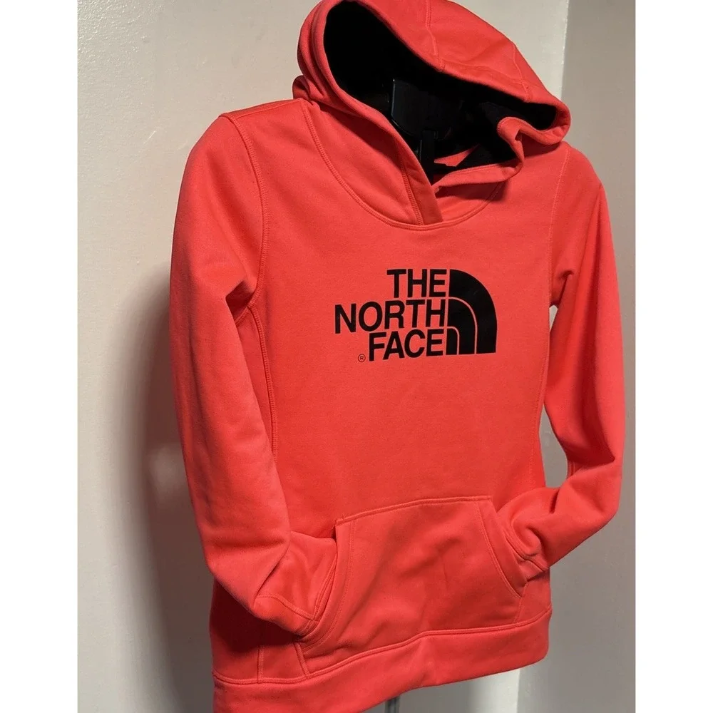 The North Face Hoodie Men's M Orange Pullover Fleece Sweatshirt Back Logo